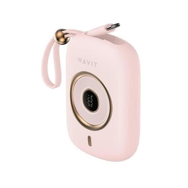 Havit Power Bank 10,000mAh 35W with USB C built-in Cable, Pink Color, Model No. PB5214