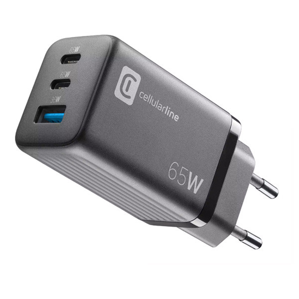 Cellularline Charger GaN 3-Ports PD 65W, UK, Black Color