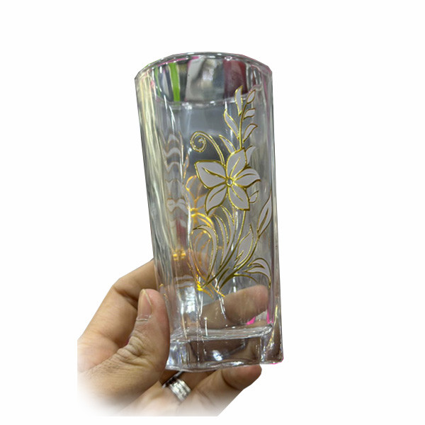 Set of 12 Tall Size Water Glasses with Golden & White Colored Flowers Designs