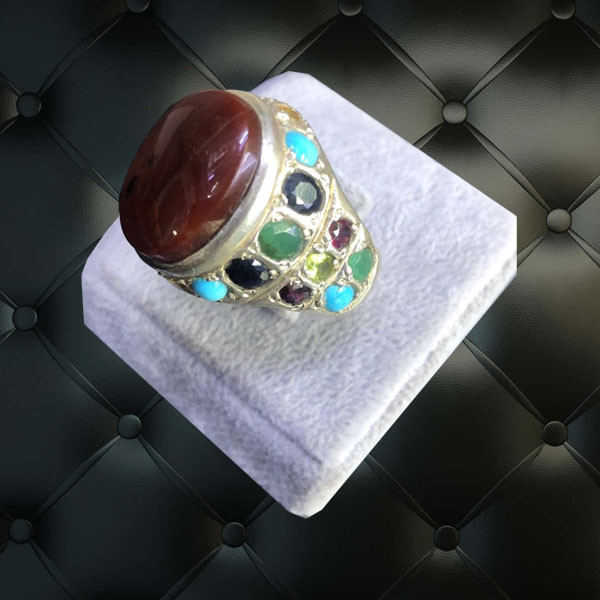 Hand Made Silver Ring, Decorated with Big Yemeni Agate Stone & Small Emerald, Sapphire, Turquoise & Amethyst Stones, for Men