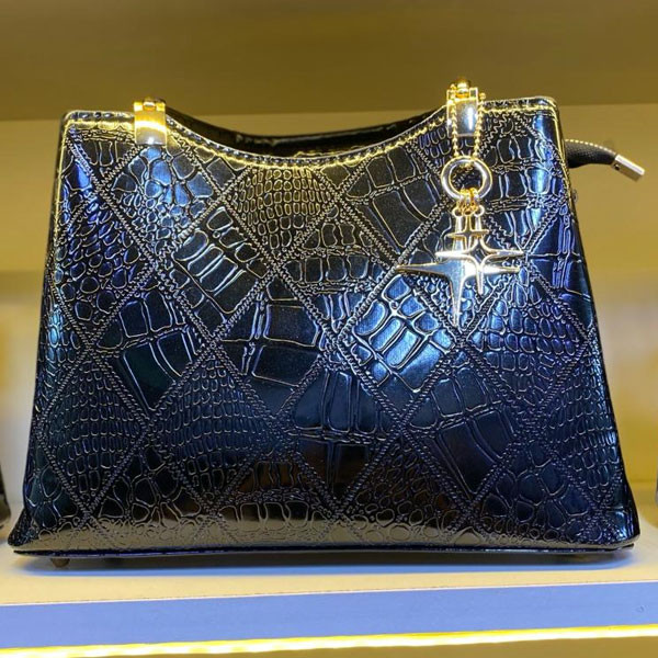 Medium Size Crocodile (Type) Synthetic Leather Black Color Women Handbag in Various Designs with Gold Metallic Finishes