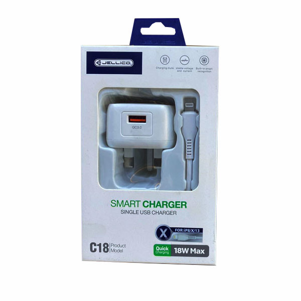 Jellico Smart Charger, 18W, Single USB Charger, White Color, for IP8/X/13, QC3.0, Model No. C18