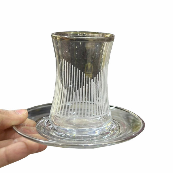 Set of 6 Harmony Istikan Glass Tea Cups Decorated with Golden Colored Details & Various White & Golden Color Designs Accompanied with Small Glass Cup Plates (in 6 Different Designs)