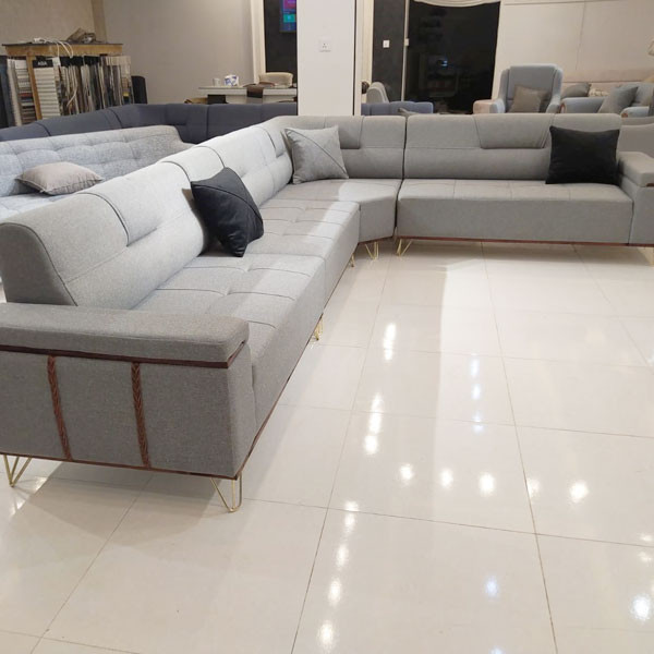 Comfortable Linen Fabric Corner Gray Sofa with Dents, of High Quality Sponge & Golden Colored Metallic Base Legs (price per meter)