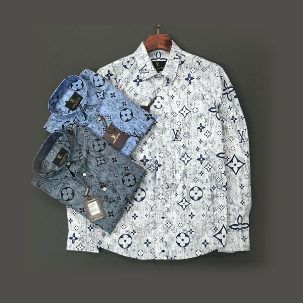 Louis Vuitton Long Sleeve Shirts in 3 Colors (White, Blue & Gray) Full Designed with LV Logos, for Men
