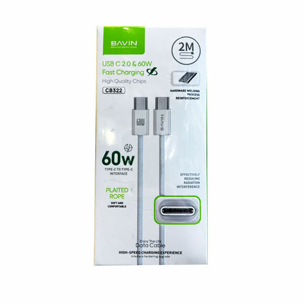 Bavin 60w PD Fast Charging Data Cable W/ 1m Length Nylon Braided Wire For Type-C To Type-C Supports iPh 15 Series Model No. CB322