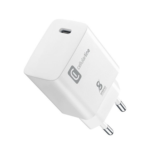 Cellularline Small Wall Charger Universal, USB-C, 25W, White Color, Model No. ACHSMUSBCPD25WSMLW