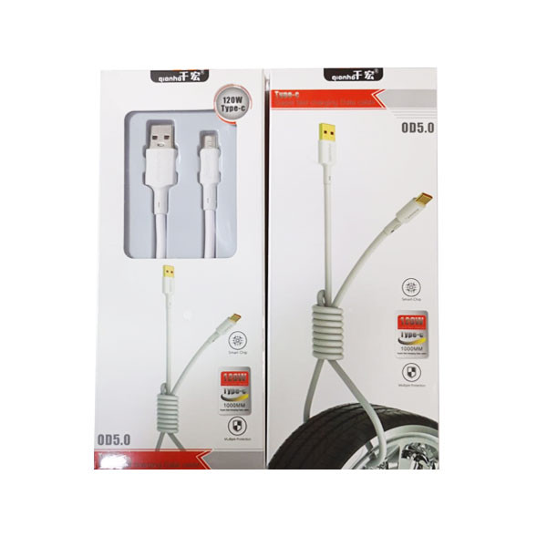 Qianhat 120W Fast Charging Data Cable 1m, For iPhone Type-C, OD5.0, White Color