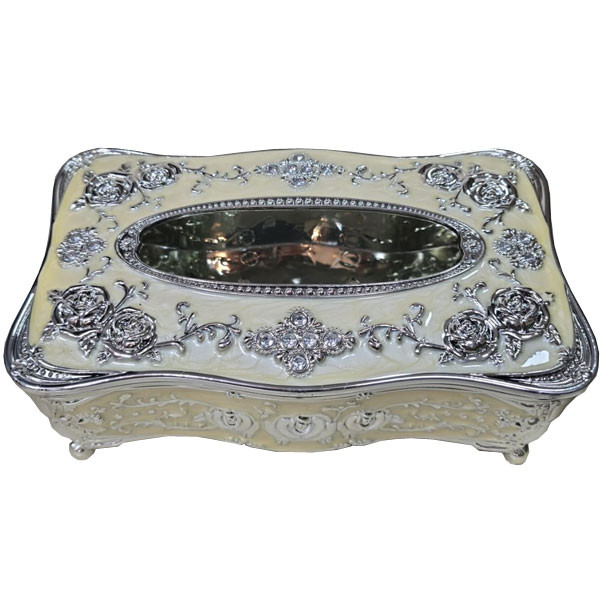 Enameled Metallic Jewelry Box, Beige Color, with Glass in the Center & Silver Flower Designs