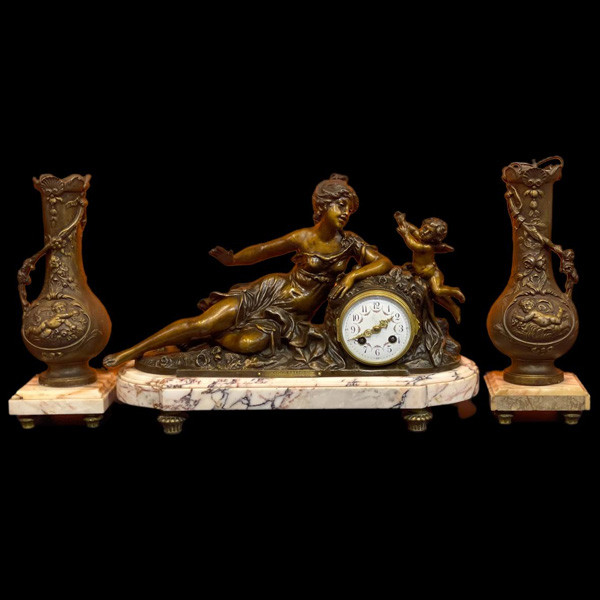 Bronze Set of a Sculpture Clock Representing a Woman Posing with an Angel & 2 Bronze Antique Vases