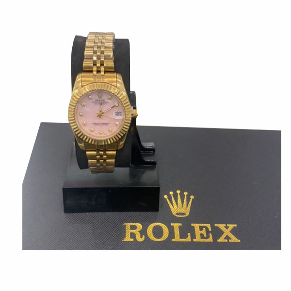 Rolex Gold Colored Watch for Women with Pink Dial & Gold Colored Stainless Steel Bracelet (Replica)