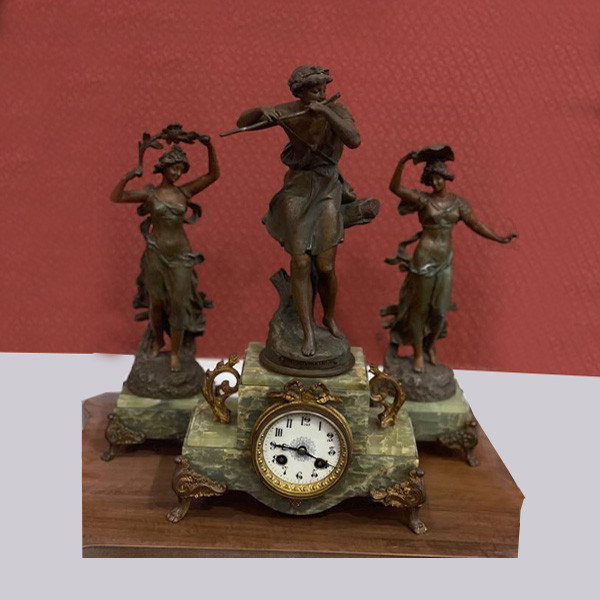 Set of a Collectible Bronze Table Clock with Marble Base and Bronze Sculpture (Ancient Musician) Accompanied by 2 Ancient Dancing Ladies Sculptures