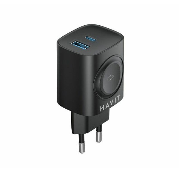 Havit GaN 22W Dual-Port Charger with Wireless Charging Option, Black Color, Model No. UC132 EU