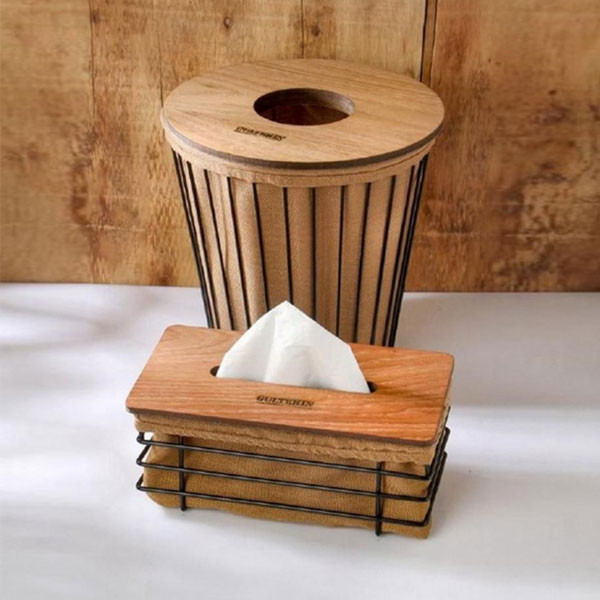 Qulterin Set of Wooden-Fabric & Iron Paper Towels Box + Round Wooden-Fabric & Iron Cutleries Case Model No. DM-1005