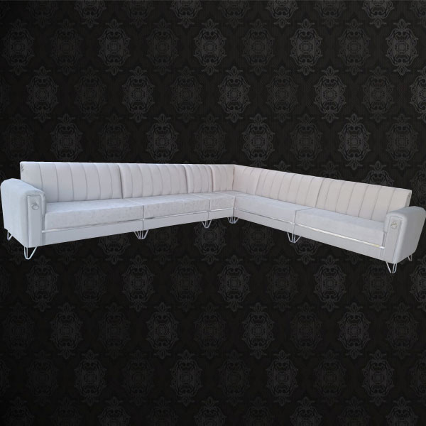 Russian Wooden Sofa Covered with Turkish White Fabric of High Pressure Sponge, 4 Years Warranty, Silver Colored Metallic Design (price per meter)