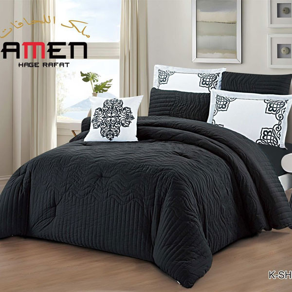 Amen Hage Rafat Set of 7 pieces (Comforter, Filted Sheet, 2 Pillow Cases, 2 Pillow Shams, Cushion) Black Color, Model No. K-SHINY 03