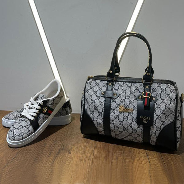 Gucci Set of Dark Gray with Black Leather Corners Handbag & Golden Steel Logo at the Middle & Ace Gray GG Sneakers for Women