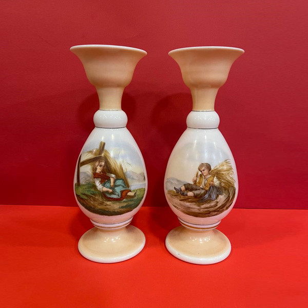 2 Antique Chinese Hand Painted Vases White Colored Representing a Young Man & Woman Farmer in Countryside