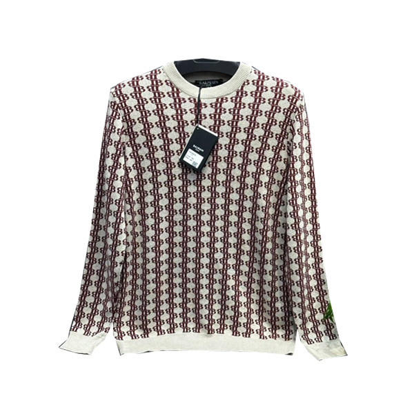 Balmain Paris Casual Fit Sweater for Men with Mutiple Vertical Small Balmain Paris Logo Designs in 3 Combination Colors (White & Black Designs, White & Brown Designs,  Blue & White Designs)