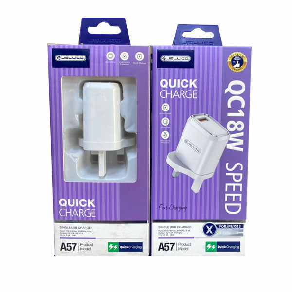 Jellico Fast Charger, Quick Charge 18W, Single USB Charger, White Color, for IP8/X/13, QC3.0, Model No. A57