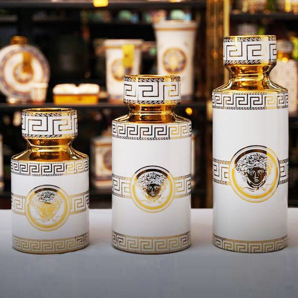 Versace Different Dimension 3Pcs Porcelain Jar Set, White Colored with Gold Color Decoration & Gold-White Round Lid with Golden Color Finish Designs