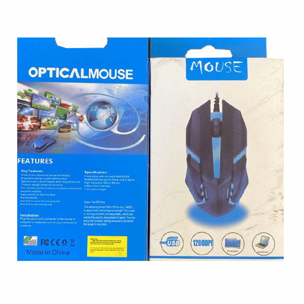 OEM Wired Optical Mouse Gaming Mouse 1200DPI USB, Black & Blue Color