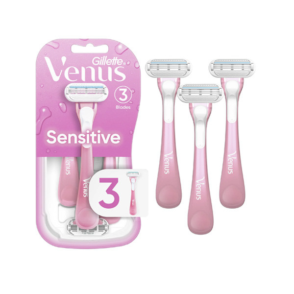 Gillette Venus Sensitive Women's 3 Blade Disposable Razor, 3 count, Pink Color