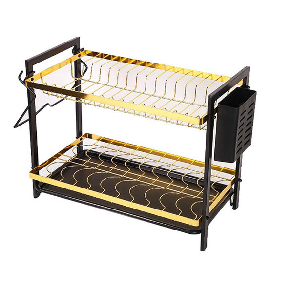 Dish Drying Rack 2 Tier Stainless Steel Dish Drying Board Set, Black-Gold Color, Model No. MZY-222