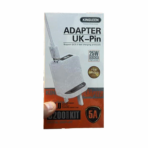 Kingleen 25W Adapter UK-Pin, 5A, White Color, for Micro USB, Model No. G200 Kit