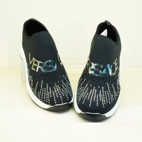 Versace Sneakers with no Shoelaces, Strass, Big Versace Logo in front, for Women in Yellow & Black Color
