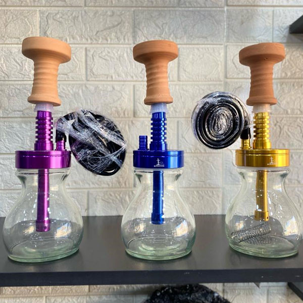 Brand Small Size Glass Hookahs, with Bottle Base in 3 Colors (Purple, Gold & Blue), Metallic Body & Ceramic Top
