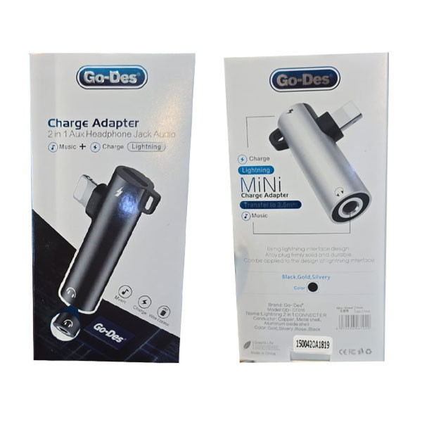 Go-Des 2-In-1 Charging Adapter with Aux Headphone Jack Black and Silver Model No. GD-CT016