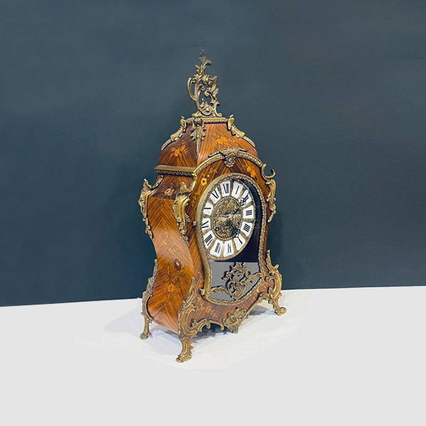 Collectible Bronze & Wooden Table Clock with Bronze Reliefs