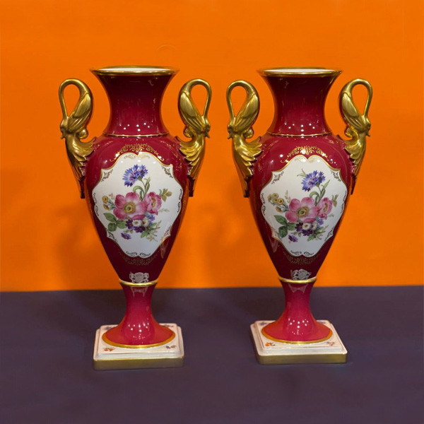 2 Antique Chinese Hand Painted Vases with Base, Coral Colored with Flowers & Gold Colored Handles
