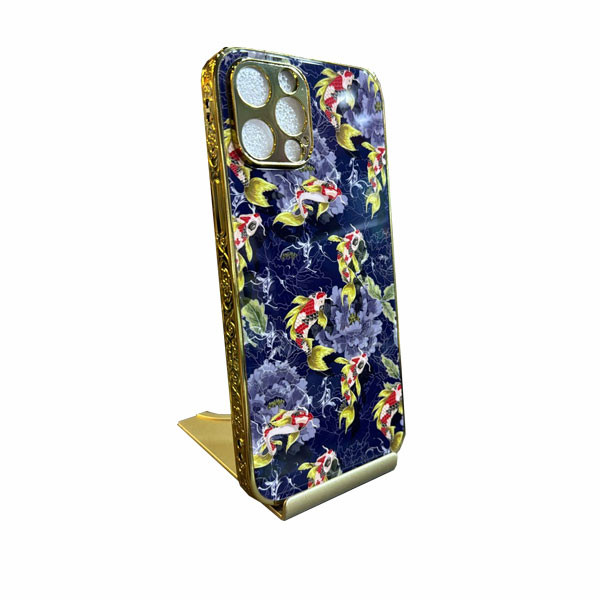 Original Phone Case for iPhone 12 Pro Max, Golden Perimetrical Designed Cover, Blue Color Backgrounded Decorated with Multicolor Flowers