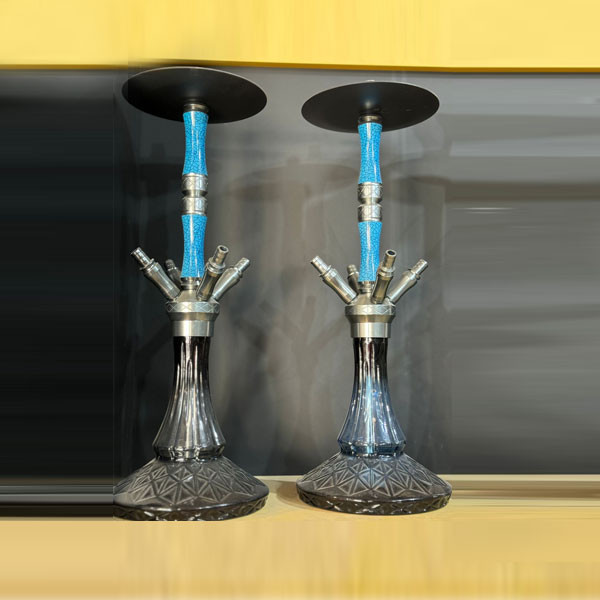 GLX 4 Hose Hookah, with Blue Metallic Body, Metallic Top Tray & Black (Crystal Style) Glass Base