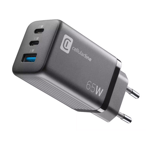 Cellularline Charger GaN 3-Ports Pd 65W, UK Plug, Black Color, Model No. ACHUSBGAN3PD65WUKK