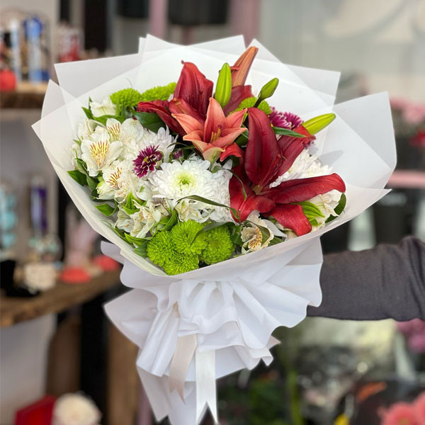 XXL Elegant Fabric White Color Bouquet of Amazing Red Lily, Green & White Flowers