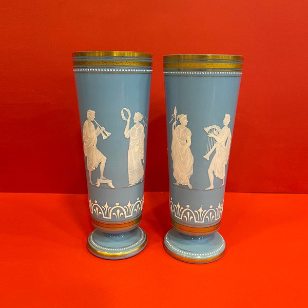 2 Antique Hand Painted Vases, Long Circle Shaped, Blue Light Colored, Presenting Greek Ancient Figures