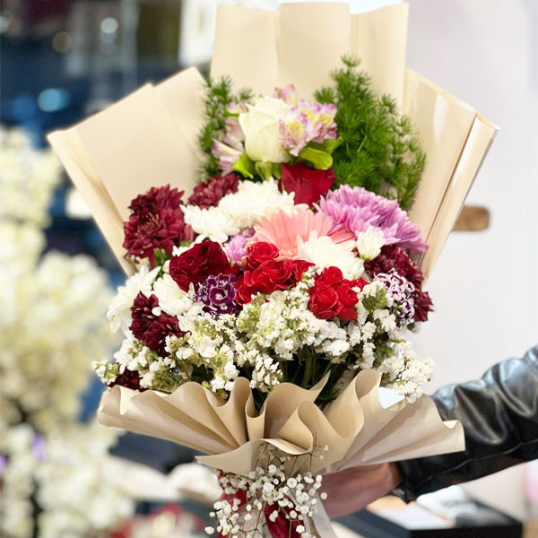 XL Brown Fabric Bouquet of Colorful Chrysanthemums & other Flowers