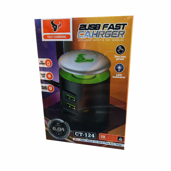 OEM 2USB Fast Charger with LED Indicator, 6.0A, UK 3 PIN, Model No. CT-124