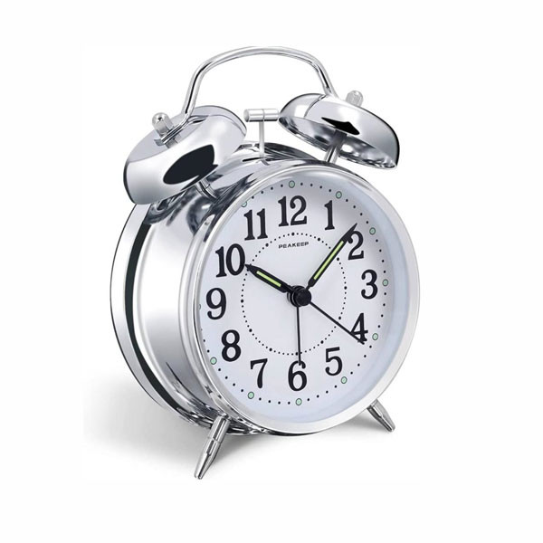 Silver Colored Table Clock with Bell Alarm & White Dial