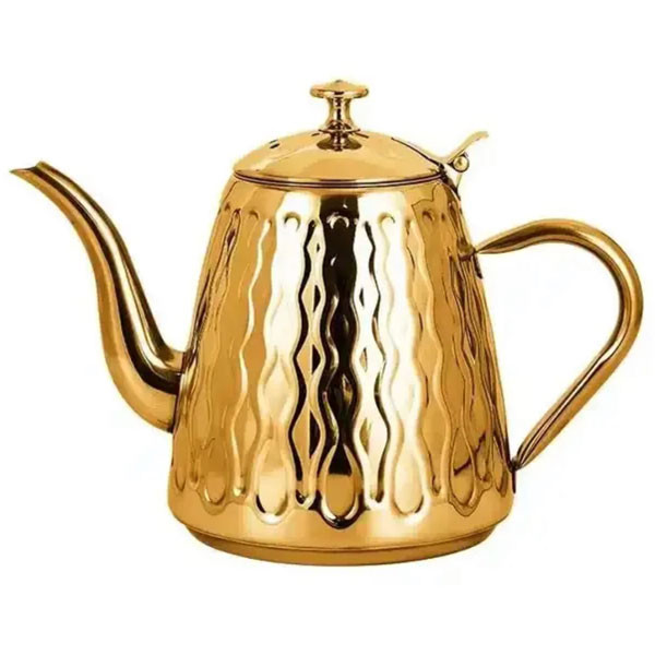 Gold Colored Stainless Steel Teapot Full Covered with Vertical Golden 3D Designs Traditional & Elegant