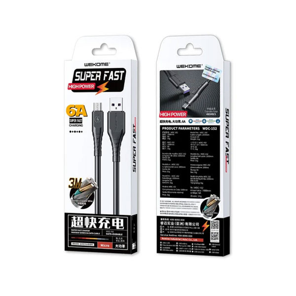 Wekome Fast Charging Data Cable, 6A, 8 Pin, 2m, Model No. WDC-152