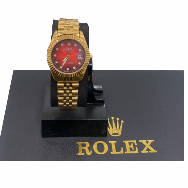 Rolex Gold Colored Watch for Women with Red Coral Dial & Gold Colored Stainless Steel Bracelet (Replica)