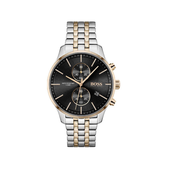 Hugo Boss Associate Collection Chronograph Quartz Analog Black-Gold Dial Men's Watch Gray-Gold Stainless Steel Bracelet Model No. 1513840