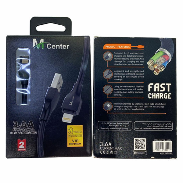 M Center 3.6A Sync & Data Fast Charging Cable for iPhone with Lightning Connector, 2m, Black Color