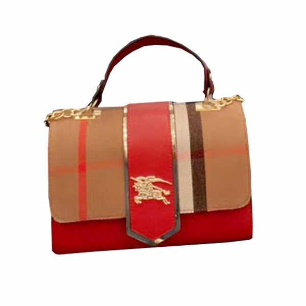 Burberry Synthetic Leather Women's Shoulder Bag, Bright Red & Beige Color with Metal Logo of the Brand in the Midde (Replica)