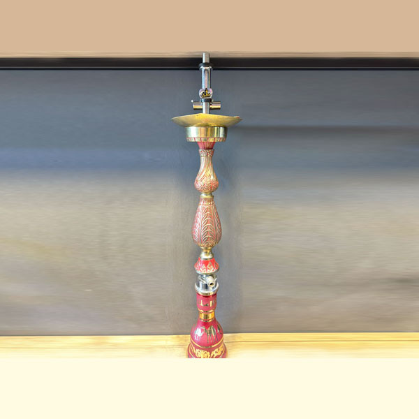 Taha Hookah VIP with Coral Color Base Bottle, Decorated with Golden Color Camels & Designs, Coral Color Metallic Body Decorated with Golden Designs & Golden Metallic Tray