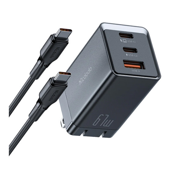 Mcdodo 67W 2C+1A GAN 5 Mini Pro Fast Charger (UK)+60W USB-C to USB-C Cable 2m, Black Color, Model No. CH-1553